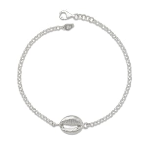 May include: A silver chain bracelet with a silver seashell charm.
