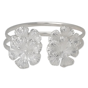Large Hibiscus Flower .925 Sterling Silver Flat Bangles, Bangle Set,  1 pair