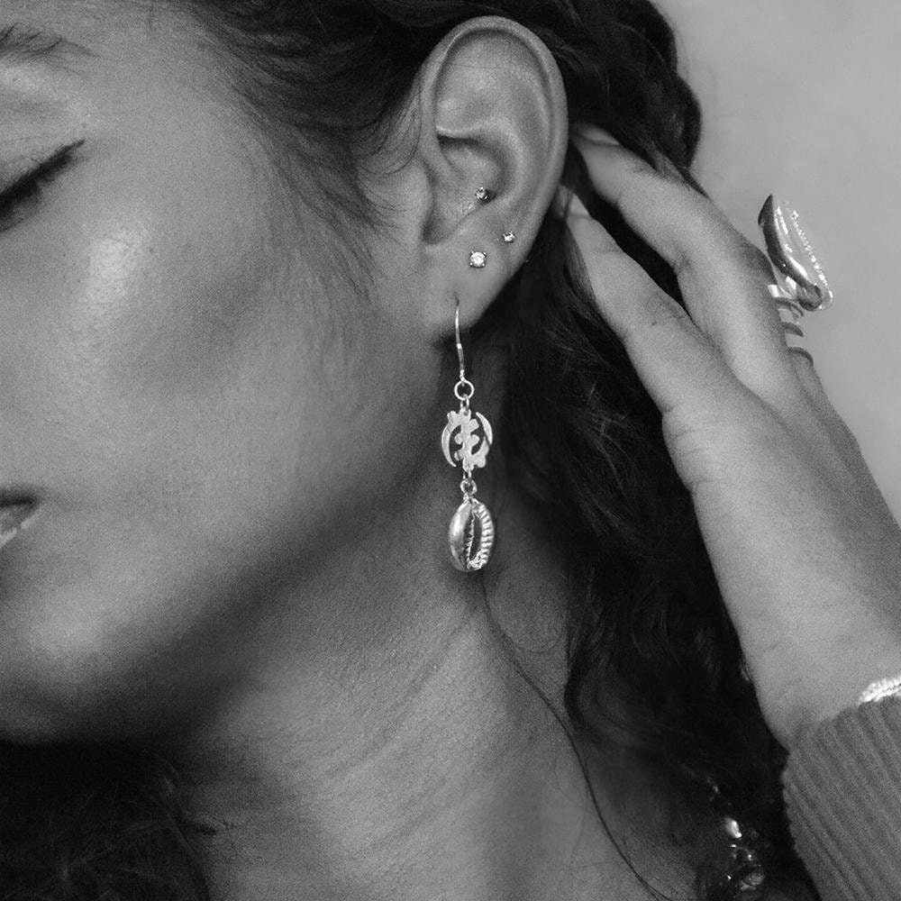 Gye Nyame .925 Sterling Silver Earrings, Adinkra Symbol, Cowrie Shells Dangle Earrings