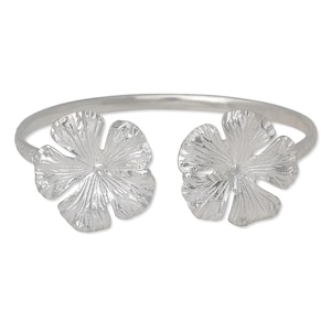 Large Hibiscus Flower .925 Sterling Silver Flat Bangle, Bangle Bracelet, 1 piece
