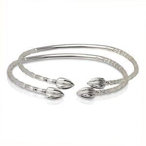 Cocoa Pods Pointy Bulb Ends .925 Sterling Silver West Indian Bangles Silver Cuff Bracelets Handmade Bangles Caribbean, 1 pair (Made in USA)