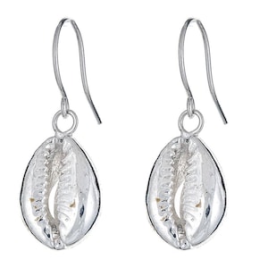 May include: Silver dangle earrings shaped like cowrie shells. The earrings have a simple, elegant design.