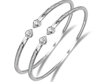 Bulb Ends .925 Solid Sterling Silver West Indian Cuff Bracelets Handmade Bangles Caribbean, 1 Pair
