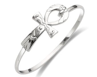 Sterling Silver Ankh Cross Bangle, Key of Life Cuff Bracelet, Handmade USA