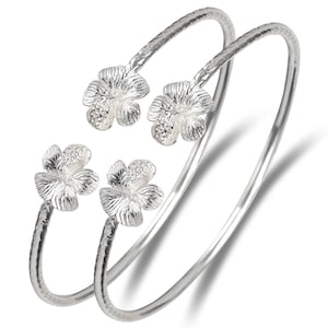 Flower Hibiscus .925 Sterling Silver West Indian Bangles, Floral Design Handcrafted Bracelets, Caribbean Bangle Set, 1 pair