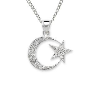 Muslim 925 Sterling Silver Pendant Necklace, Islam Crescent Moon + Star Pendant Necklace