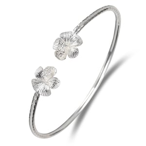 Flower Hibiscus .925 Sterling Silver West Indian Bangle, Floral Design Adjustable Bracelet, Caribbean Bangle Cuff, 1 piece