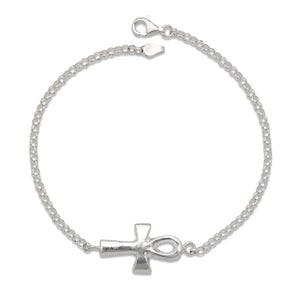 May include: A silver chain bracelet with an ankh charm. The ankh is a symbol of eternal life in ancient Egyptian mythology.