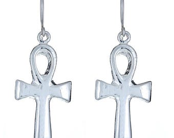 Solid .925 Sterling Silver Smooth Ankh Cross Earrings, Egyptian Cross, Egyptian Earring, Handmade Jewelry