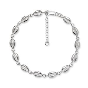 May include: Silver chain anklet with a series of small seashell charms.
