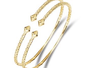 Smooth Pyramid Ends 14k Gold Plated on .925 Sterling Thin Silver West Indian Bangles, Made in the USA, Handcrafted Caribbean Jewelry, 1 Pair