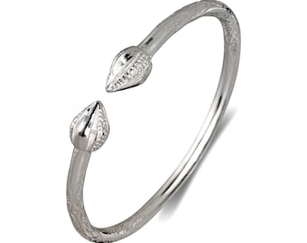 Solid .925 Silver Cuff Bracelet Bangle Caribbean Large Cocoa Pods Pointy Bulb West Indian Thick Bangle, 1 piece