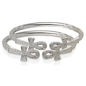 Egyptian Large Ankh Cross 925 Sterling Silver West Indian Thick Bangles, African Ankh Bangles, 1 pair