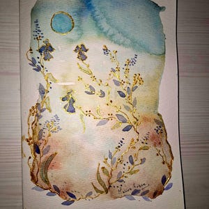 May include: Watercolour painting depicting a blue sky and a golden sun. Fine gold vines and blue flowers decorate the lower section. The artwork has a soft, dreamy quality, with a signature in the bottom right corner.