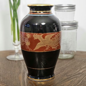 Vintage Japanese Empress by Haruta Black Ceramic Vase – Dragon Motif – Mid Century Asian Decor