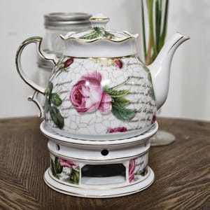 Vintage Porcelain Teapot with Warmer by Betty Platner – Hand Decorated Pink Rose Floral Tea Set – Collectible Fine China Gift for Tea Lovers
