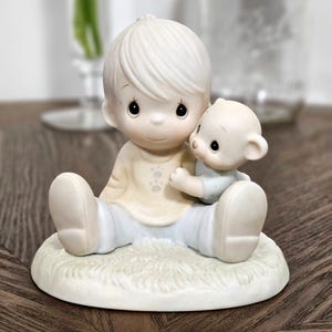 Precious Moments Figurine &quot;To My Favorite Paw&quot; 100021 | 1985 Enesco | Boy & Bear Cub | Vintage Bisque Porcelain Gift