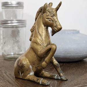 Vintage Solid Brass Unicorn Figurine – 6” Tall Mythical Creature Statue – Fantasy Boho Decor – Magical Horse Sculpture – Heavy Brass Accent