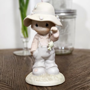 Precious Moments Figurine &quot;My Love Will Never Let You Go&quot; 103497 | 1986 Enesco | Boy with Fish | Vintage Bisque Porcelain Gift