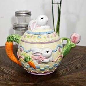 Vintage Easter Bunny Ceramic Teapot with Carrot Handle and Tulip Spout - Jay Import