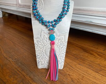 Mala Necklace/ English Sea Glass /Prayer Beads /Blue Beads/Hot Pink & Blue Diffusing Suede Tassel/Hand Knotted/Meditation Necklace