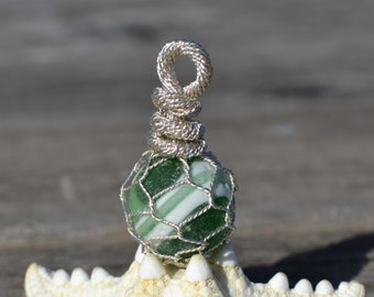 English Sea Glass Marble Japanese/Norwegian Fishing Ball Float Pendant/Necklace- Kelly Green & Opaque White/.925 Sterling Silver
