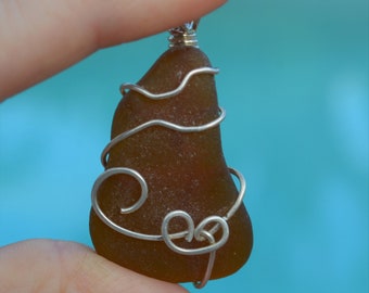 Amber Sea Glass wrapped in Sterling Silver Pendant/Necklace-California