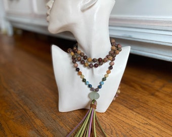 Mala Necklace/ English Sea Glass /Mookaite/Tourmaline/Lapis/Larimar/Aventurine/Honey Jade/Garnet/Chakra Gemstones/Diffusing Tassel/Knotted