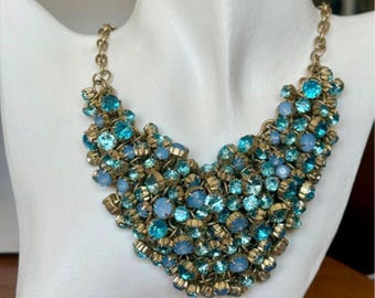 Vintage Blue Rhinestone Bib Necklace • Gold Tone Statement Collar • Sparkling Cluster Choker • Evening Jewelry • Unmarked • Runway Blue