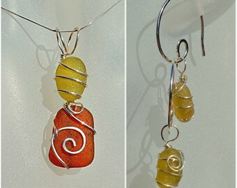 Necklace and Earrings: English Sea Glass Rare Citron Yellow and Amber and .925 Sterling Silver wire and 18" Chain