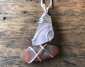 Lavender & brown Sea Glass Sail Boat wrapped in Argentium Sterling Silver Silver Pendant/Necklace-California