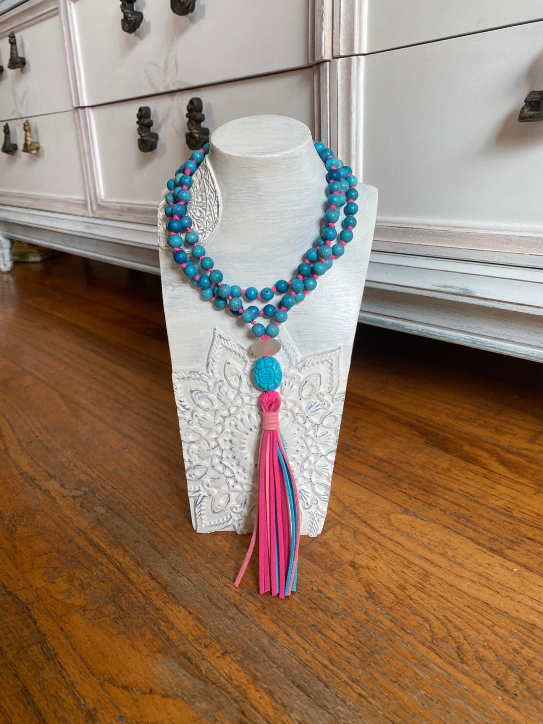 Mala Necklace/ English Sea Glass /prayer Beads /blue Beads/hot Pink