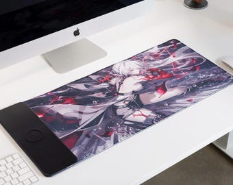 May include: A black and white anime-style mousepad with a female character in a white dress with red accents. The mousepad has a black border and a black rectangular area in the lower left corner.