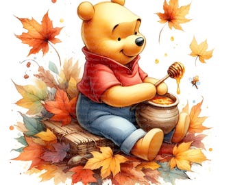 May include: A cartoon illustration of Winnie the Pooh sitting on a pile of autumn leaves, holding a pot of honey and a honey dipper. He is wearing a red shirt and blue jeans.