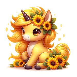Niedliches Einhorn Sonnenblume Clipart, Digitaler Download, JPGs Dateien, sofortiger Download, Druckvorlage
