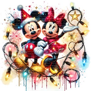 Mickey & Minnie Maus Weihnachtsbild Lichterkette Clipart, Digitaler Download, JPGs Dateien, sofortiger Download, Druckvorlage