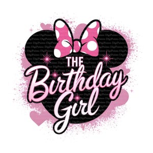 May include: A graphic design featuring the text "The Birthday Girl" in a cursive font, outlined in black, with a pink and white polka dot bow at the top. The design is set against a black heart-shaped background with pink accents and hearts.