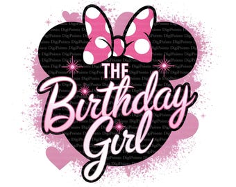 May include: A graphic design featuring the text "The Birthday Girl" in a cursive font, outlined in black, with a pink and white polka dot bow at the top. The design is set against a black heart-shaped background with pink accents and hearts.