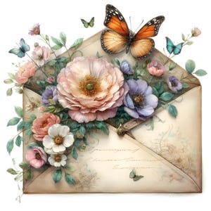 5 Vintage Brief Blumen Schmetterling, Digitaler Download, ohne Hintergrund, Transparente PNG, sofortiger Download, Druckvorlage