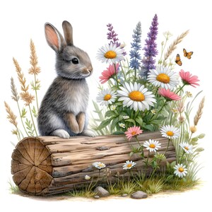 4 Häschen sitzt auf Baumstamm Flowers Clipart, Digitaler Download, JPGs Dateien, sofortiger Download, Druckvorlage