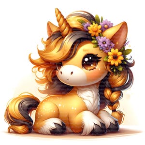 Kleines Einhorn mit Blumen Clipart, Digitaler Download, JPGs Dateien, sofortiger Download, Druckvorlage