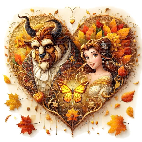 Clipart Beauty & the Beast Autumn Heart, Download digitale, File JPG, Download istantaneo, Modello stampabile