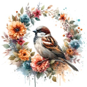 5 Spatz Blumenkranz, Digitaler Download, ohne Hintergrund, Transparente PNG, sofortiger Download, Druckvorlage