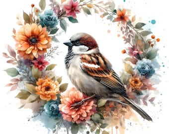 May include: A watercolor painting of a sparrow perched on a wreath of colorful flowers. The flowers are in shades of orange, pink, blue, and green. The sparrow is brown and gray with a white breast.