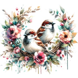 2 Spatzen Blumenkranz, Digitaler Download, ohne Hintergrund, Transparente PNG, sofortiger Download, Druckvorlage