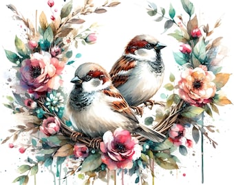 May include: Two brown and white sparrows perched on a wreath of watercolor flowers. The wreath is made of pink, peach, and blue flowers with green leaves. The background is white.