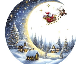 May include: A crescent moon with stars in the night sky. Santa Claus is flying in a sleigh pulled by reindeer over a snowy winter village with houses and trees.