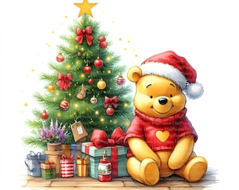 May include: A yellow teddy bear wearing a red Santa hat and sweater sits in front of a decorated Christmas tree. The bear is smiling and has a red heart on its sweater. There are wrapped presents and a small potted plant in front of the tree.