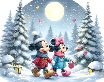 May include: Mickey Mouse and Minnie Mouse are walking hand-in-hand through a snowy forest. They are wearing winter clothes and there are hearts floating in the air. The moon is shining brightly in the sky.