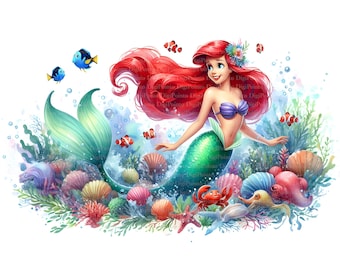 May include: Ariel, the Disney mermaid, with red hair and a green tail, is surrounded by colorful seashells, starfish, and fish. She is swimming in a blue and green ocean with bubbles.